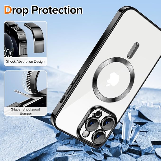 Hython Magnetic Clear for iPhone 12 Pro Max Case with Camera Lens Protector [Compatible with MagSafe] Plating Edge Slim Soft TPU Cover Protective Phone Case for iPhone 12 Pro Max 6.7", Black