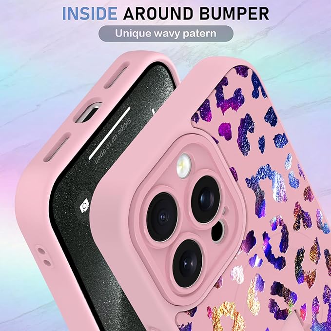 KANGHAR Compatible with iPhone 15 Pro Max Case, Support for MagSafe, Silicone Cute Iridescent Leopard Cheetah Pattern, Wristband Kickstand Shockproof Protective Slim Cover for Women Girls, Pink