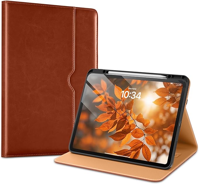 VIKESI Case for iPad Pro 13-inch M5 or M4 Released in 2025 or 2024, Leather Stand Cover with Apple Pencil Holder, Auto Wake/Sleep, Multiple Viewing Angles, Built in Hand Strap & Pocket,Brown