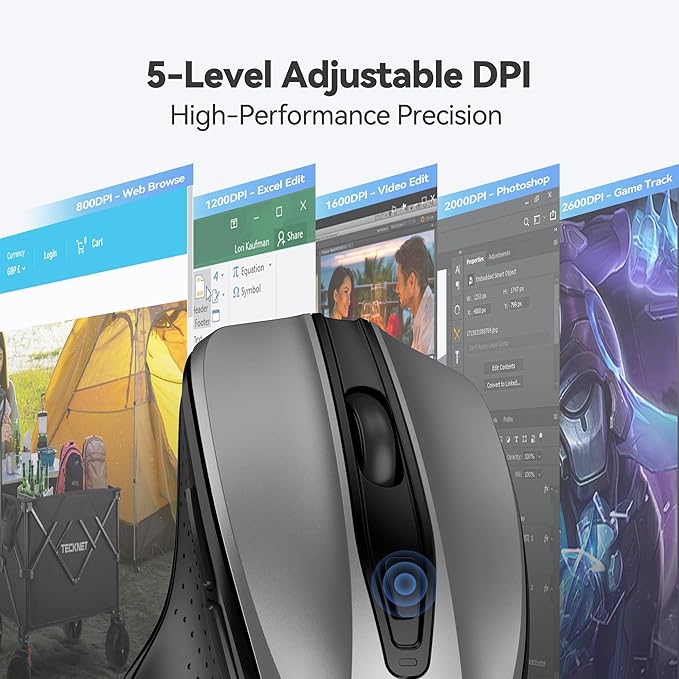 TECKNET Wireless Mouse, 2.4G Ergonomic Optical Mouse, Computer Mouse for Laptop, PC, Computer, Chromebook, Notebook, 6 Buttons, 24 Months Battery Life, 2600 DPI, 5 Adjustment Levels - Silver