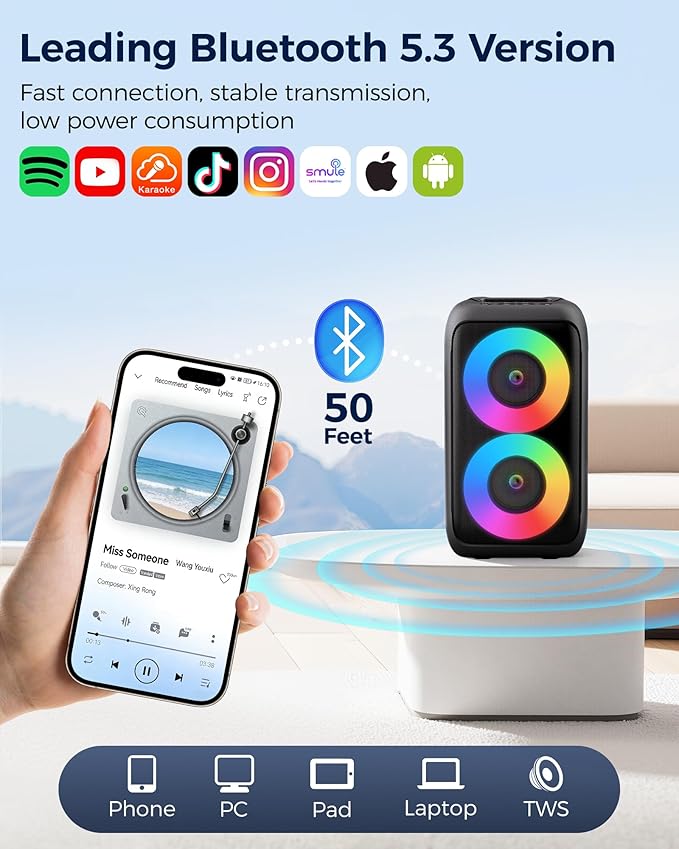 Bluetooth Speaker，Portable Party Speaker with Colorful Lights，Wireless Speaker with HD Loud,Home Theater Systems Support TWS/AUX/USB/TF Card Ideal for Party,Home,Outdoor Camping