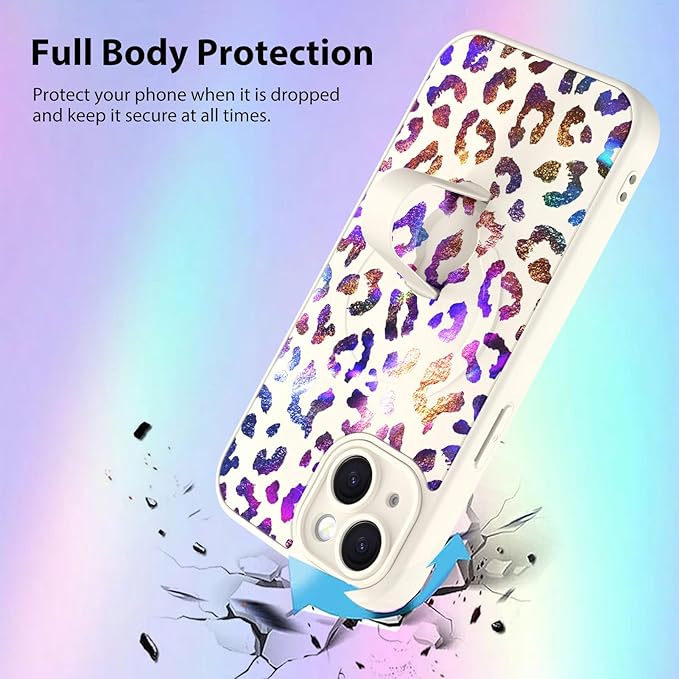 KANGHAR Compatible with iPhone 15 Case, Support for MagSafe, Silicone Cute Iridescent Leopard Cheetah Pattern, Wristband Kickstand Shockproof Protective Slim Cover for Women Girls, White