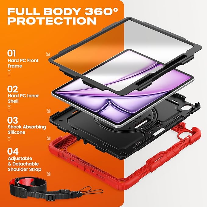SEYMAC stock Case for iPad Air 13-inch M4-M2 2026-2024 (Gen 8-6), Shockproof Heavy Duty Case with Screen Protector, Pencil Holder, Rotating Stand, Hand Strap, Shoulder Strap, Red