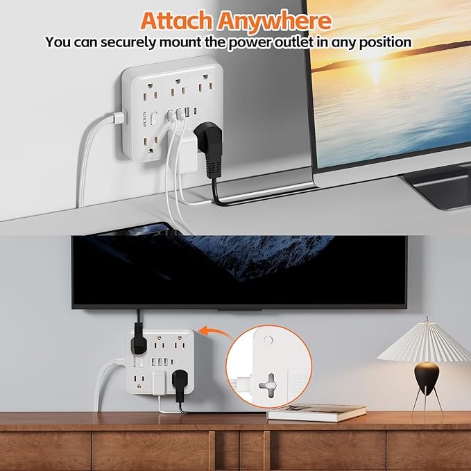 Portable Ultra Thin Flat Plug Surge Overload Protector Power Strip 5ft Extension Cord with 6 AC Power Outlets 4 USB (1C) for Home Office Dorm Travel Essentials Fire and Reach 15A 1875W UL
