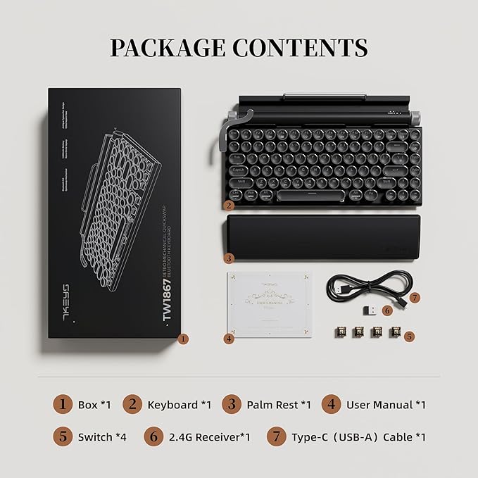 7KEYS Typewriter Keyboard Wireless Retro Style, Vintage Classical Mechanical Keyboard with Bluetooth for IPAD PC/Laptop Mac/Phone (Black+Wrist)