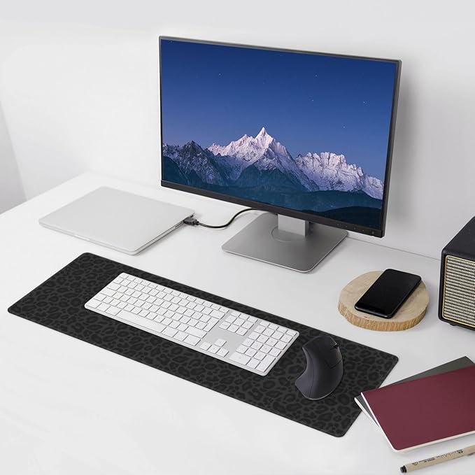Black Leopard Print XL Large Mouse Pad with Stitched Edges Long Non-Slip Rubber Base Mousepad Laptop Keyboard Mat Desk Pad for Office Home Desk Decor, 31.5" X 11.8"