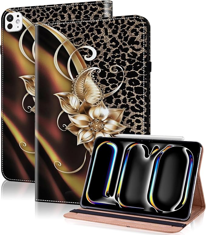 Case for iPad Pro 13 inch (M5/M4) 2025/2024, Premium Leather Folio Stand Protectors Cover with Auto Wake/Sleep, Pencil Holder, Hand Strap and Card Slots - Metallic Flower