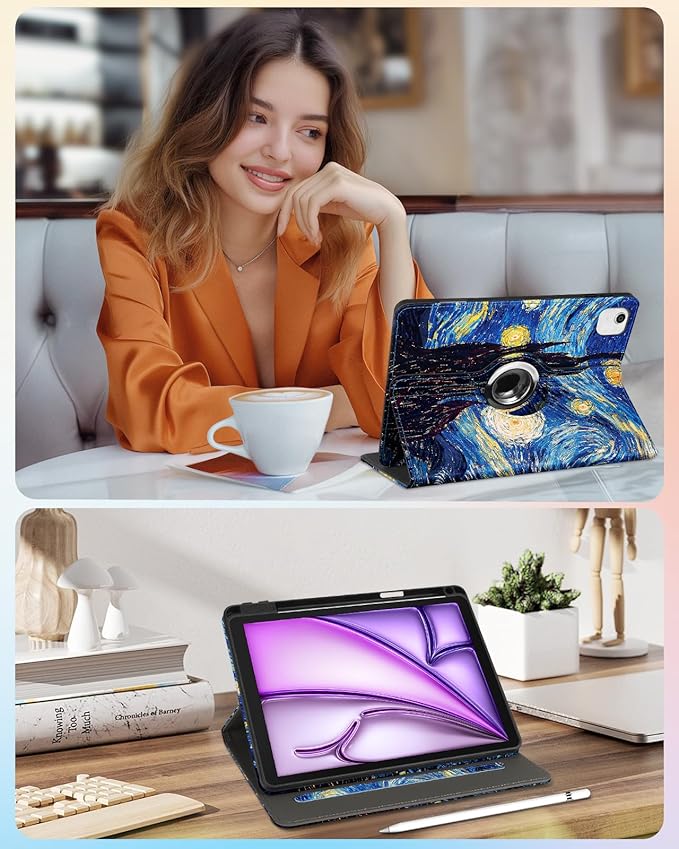 Kidcube for iPad Air 13 Inch Case (M3/M2)/for iPad Pro 12.9 Cases 6th/5th (2022/2021) - Women Girls Kids Cute Rotating Stand Folio Cover with Pencil Holder & Card Slot Design Cool Unique Teens Cover