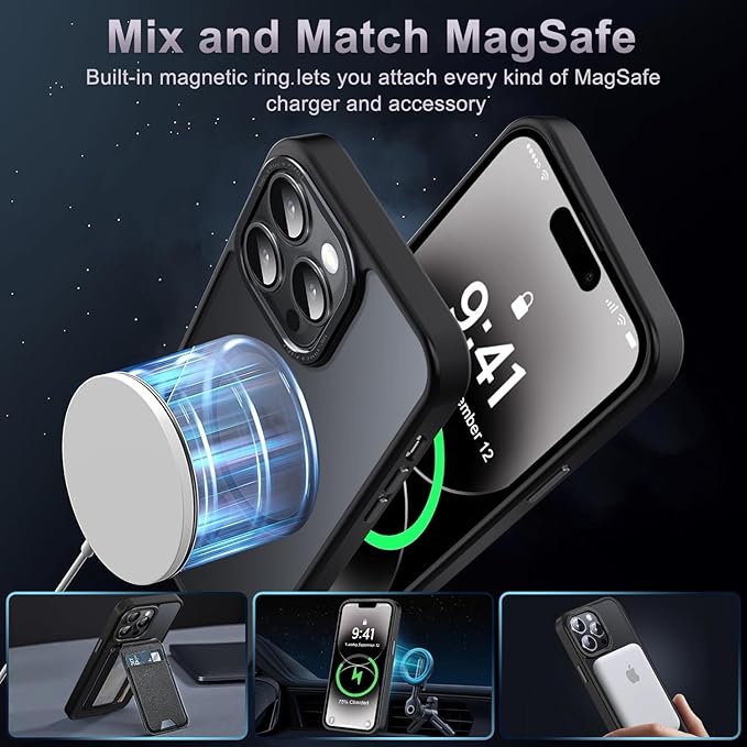 Newfuture Designed for iPhone 14 Pro Max Case with Magnetic [13 FT Military Drop Protection] [Compatible with Magsafe] Slim Translucent Matte Shockproof with Anti-Fingerprint Phone Case, Black