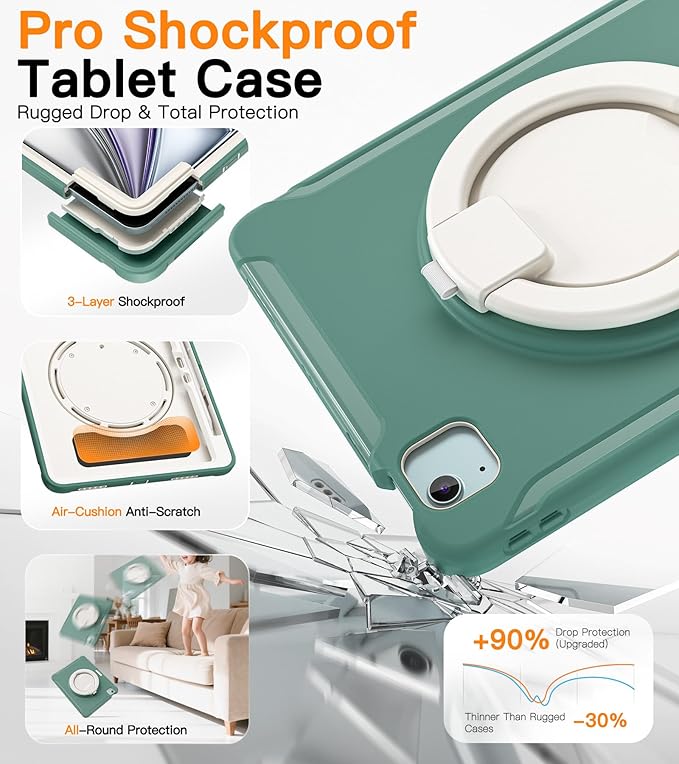 BATYUE Shockproof Case for iPad Air 11" M2/M3/M4, Air 4/5 10.9", iPad Pro 11" 1st-4th Gen 2018-2022 | 360° Multi-Angle Stand (Portrait & Landscape) & Grip, Built-in Pencil Holder, Jade Green