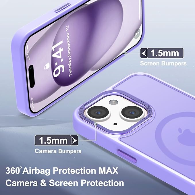 Newfuture Magnetic for iPhone 15 Case [Compatible with Magsafe] [Military Grade Drop Protection] Translucent Matte Anti-Fingerprint Shockproof Phone Case for iPhone 15 6.1 inch, Lilac Purple