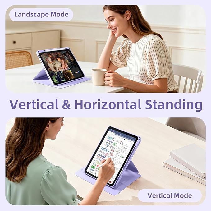 Wenlaty for iPad Air 11 inch Case (M4/M3/M2) & Air 5th/4th Generation Case 10.9 inch,for iPad Pro 11 inch 4/3/2/1 Gen,360° Rotating, Detachable Magnetic Back, Pencil Holder, Auto Sleep/Wake,Lavender