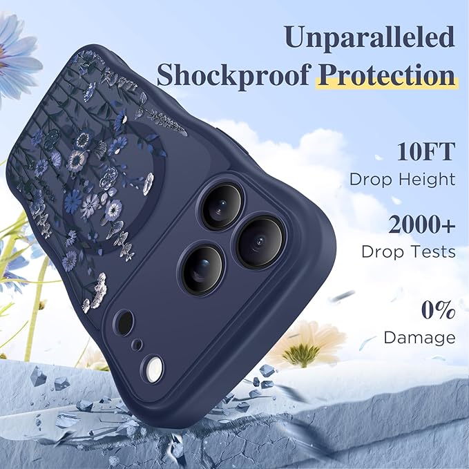GVIEWIN for iPhone 17 Pro Max Case Compatible with MagSafe [Curly Wave Edge][Full Camera Protection] Floral Translucent Shockproof Magnetic Women Phone Case for 17 Pro Max, Floratopia/Blue