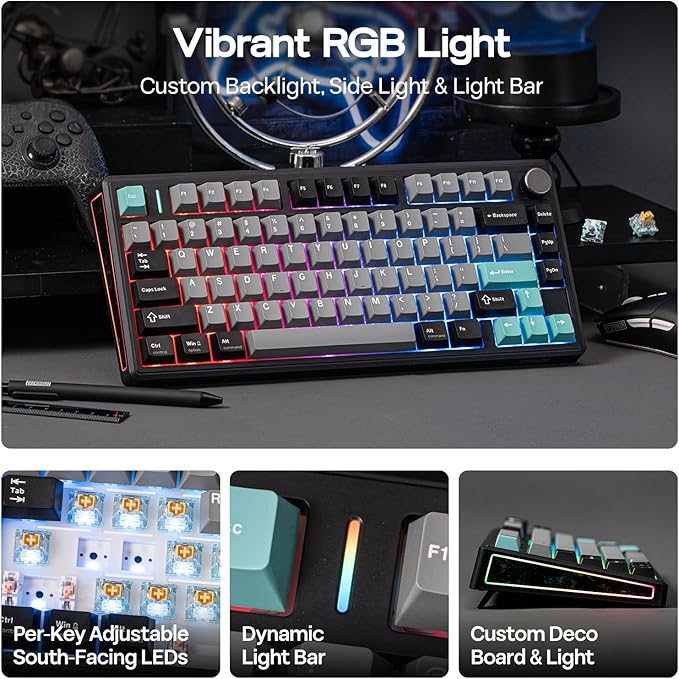 EPOMAKER TH80 V2 75% Wireless Mechanical Keyboard with Metal Knob, 8000mAh, 2.4Ghz/BT/USB-C, RGB, Hot Swap, Custom Driver, PBT Keycap, Wireless Gaming Keyboard for PC/Mac (Black, Sea Salt Silent)