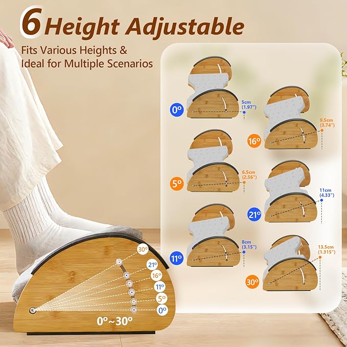 Foot Rest Under Desk, Under Desk Footrest, 4-in-1 Bamboo Desk Foot Rest with 6 Adjustable Heights & Massage Cushion, Foot Stool for Couch, Office Home, Gaming & Relieve Pressure on Legs, Waist & Back