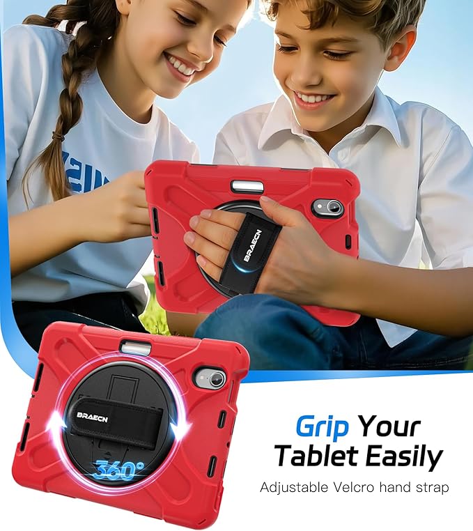 BRAECNstock Case for Apple iPad mini 7 (A17 Pro) 2024/ Mini 6 8.3", Shockproof Protective with Pencil Holder, Screen Protector, Rotating Hand Strap & Stand, Kids Case for iPad mini 7th/6th Gen, Red