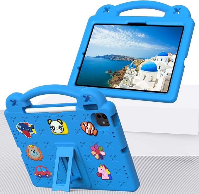 for Apple iPad Air 11 inch Kids Case M3/M2 (2025/2024) Slim Stand Cover with Pencil Holder/Handle/Kickstand Cute DIY Lightweight Cute Soft EVA Foam Shockproof Tablet Cover, Sky Blue Bear