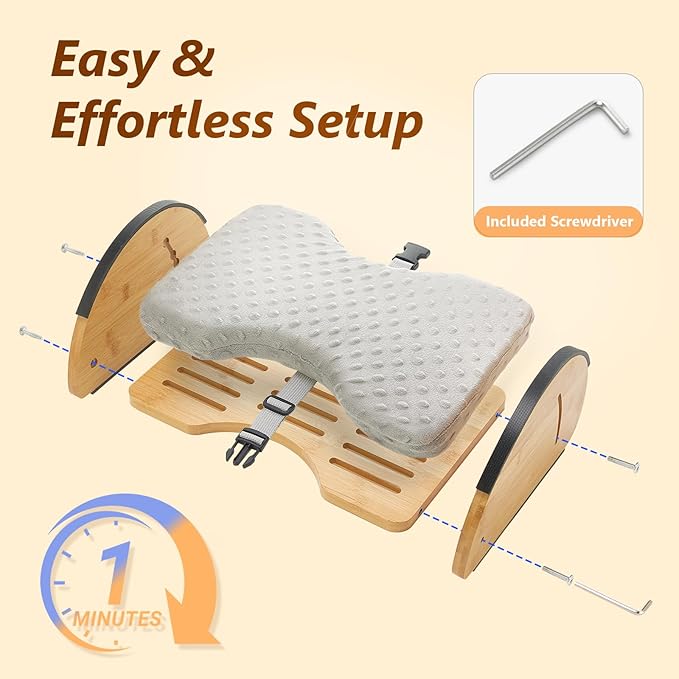 Foot Rest Under Desk, Under Desk Footrest, Foot Stool for Couch, Office Home, Gaming, 4-in-1 Bamboo Desk Foot Rest with 6 Adjustable Heights & Massage Cushion & Relieve Pressure on Legs, Waist & Back