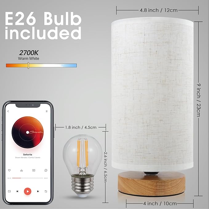 Table Lamps for Bedrooms Set of 2, Minimalist Bedside Lamps Set with Round Fabric Linen Shade,Reading Small Desk Lamp Set of 2 for Kids Room, Night Nightstand Lamp Set for Living Room, Office
