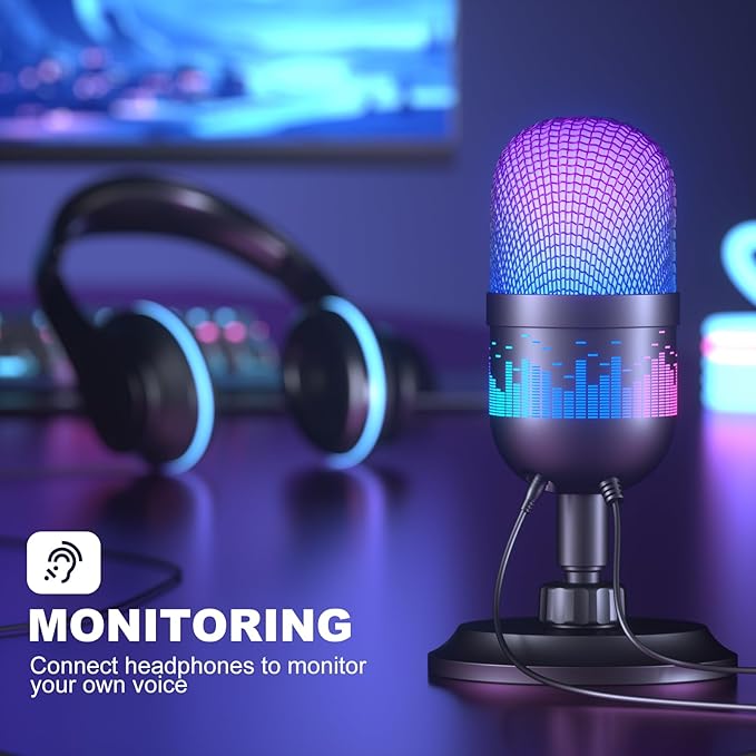 Aokeo USB Gaming Microphone, Condenser Microphone for PC/MAC/PS4/PS5/Phone-Cardioid Mic with RGB Lighting