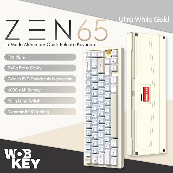 KEEBMONKEY WOBKEY Zen 65 65% Quick Release Wireless Mechanical Keyboard with RGB, CNC Aluminum Case, Hot-Swappable, VIA Support, BT/2.4G/USB-C Gaming Keyboard for Mac/Windows (Ultra White Gold)
