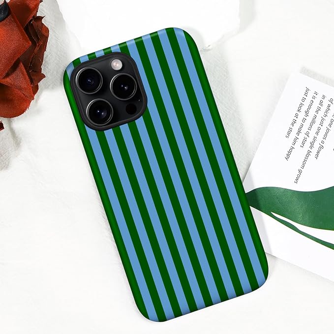 Magnetic for iPhone 13 Pro Case Cute Stripes Phone Case, Shockproof Slim TPU and Hard PC Protective Phone Cover Compatible with MagSafe Designed for Women Girls, Green and Blue