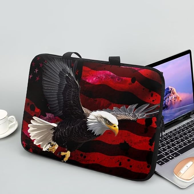 15 Inch American USA Flag Eagle Laptop Sleeve, Protective Tablet Case with Handle, Patriotic Computer Bag Carrying Case Notebook Cover Messenger Briefcase for Travel/Business/School
