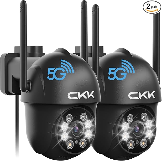 CKK 2K Security Camera Outdoor Corded Power, 2 Pcs 3MP PTZ WiFi Home Security Camera - 2.4G/5G Dual-Band, 360° Pan-Tilt, Color Night Vision, Motion Alerts, 2-Way Audio, 24/7 Recording, Waterproof