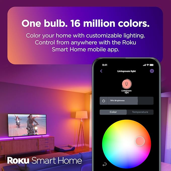 Roku Smart Light Bulbs (Color, 2-Pack) - Dimmable A19 Color Lightbulbs with Adjustable Brightness & Temperature - WiFi Smart Bulbs Works with Roku Voice, Alexa & Google Assistant - Smart Home Products
