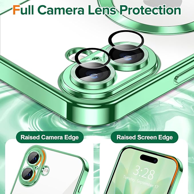 Hython Magnetic Clear for iPhone 17 Case with Camera Lens Protector [Compatible with MagSafe] Luxury Plating Edge Slim Soft TPU Cover Protective Phone Case for iPhone 17 6.3", Light Green