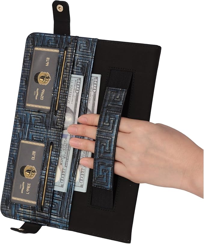 Handbag Case for iPad A16 11th/10th Generation (2025/2022) 11-inch - Techcircle Vintage Maze Pattern Crossbody Folio Stand Cover w/Pencil Holder, Card Slots, Hand Strap, Shoulder Strap, Retro Navy