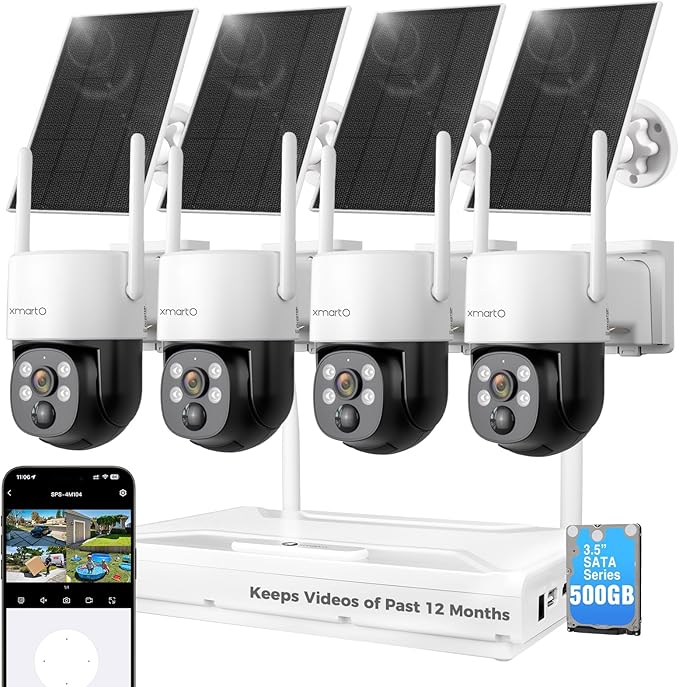 xmartO Solar Camera Outdoor Wireless, 4 PCs QHD 4MP Wireless PTZ Security Camera System with 4K 10CH Expandable WiFi NVR, All-Weather Solar Charge, Two-Way Audio, PIR Sensor, No Monthly Fee, 500GB