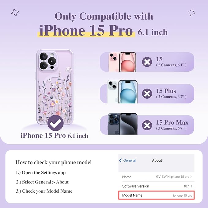 GVIEWIN for iPhone 15 Pro Case Compatible with MagSafe, [Military Grade Protection] [Screen Protector] Full Camera Protection Floral Translucent Women Magnetic Phone Case, Floratopia/Colorful