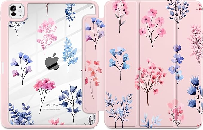 Case for iPad Pro 11 inch (M5) 2025 (M4) 2024 Release Slim Lightweight Cute Light Pink Cover with Clear Back TPU Edge Pencil Holder Trifold Stand, Hand-Drawn Florals