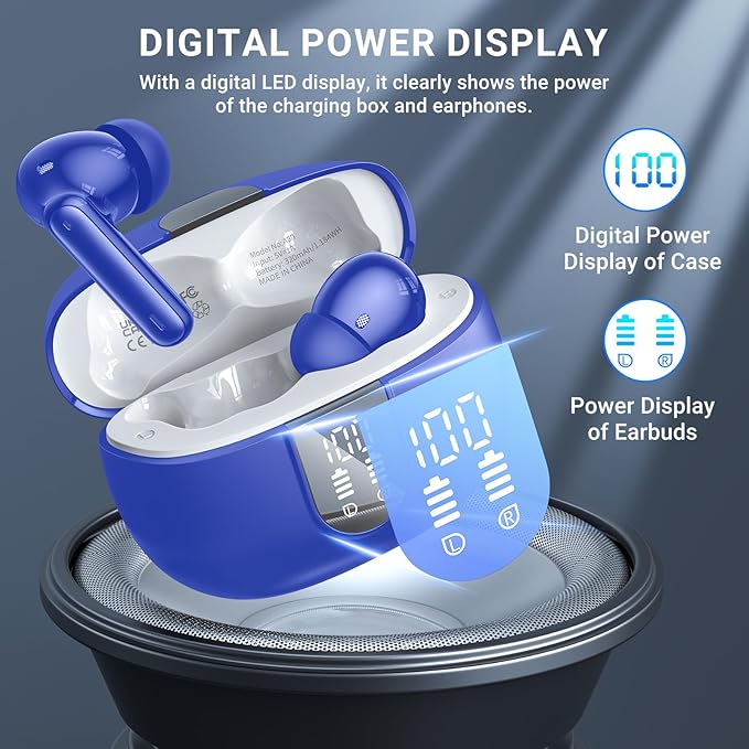 Wireless Earbuds, 2024 Wireless Headphones HiFi Stereo Earphones with 4 ENC Noise Canceling Mic, 42Hs Playtime In Ear Earbud, Bluetooth 5.3 Sport Earphones with LED Power Display for Android iOS Blue