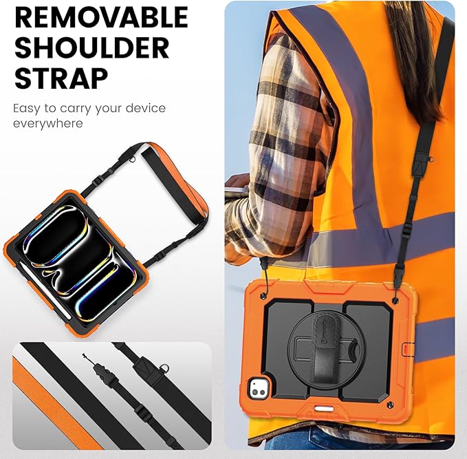 timecity Case for iPad Pro 11 Inch M5 2025 / M4 2024, 360° Rotating Stand, Pencil Holder & Wireless Charging, Shockproof with Screen Protector & Shoulder Strap - for Designers & Professionals, Orange
