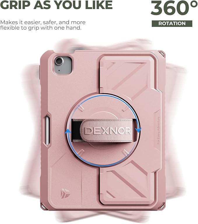 Dexnor Case for iPad Air 11 inch M4/M3/M2, iPad Air 5th/4th Generation 10.9 inch Rugged Case with 360° Rotating Hand Strap & Stand & Screen Protector & Pencil Holder Shockproof Full-Body Cover,Pink