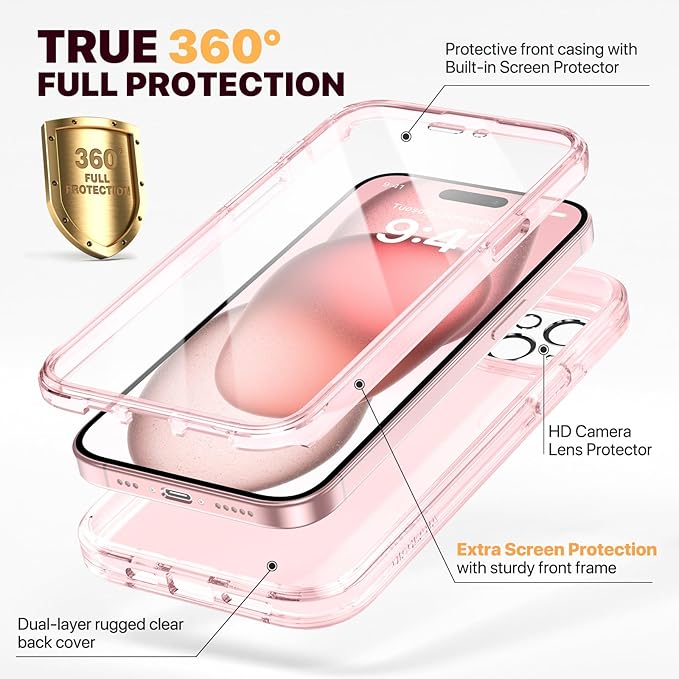 Diaclara Designed for iPhone 15 Plus Case 6.7 Inch, Full Body Rugged Case with Built-in Touch Sensitive Anti-Scratch Screen Protector + Glass Camera Lens Protector for iPhone 15 Plus,Clear Pink