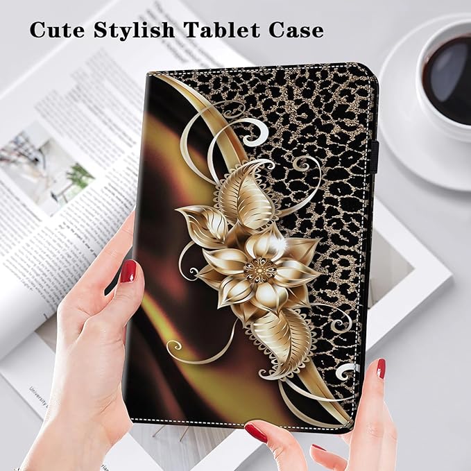 for iPad 10th Generation Case - 10.9 Inch 2022, PU Leather Shockproof Slim Case with Pencil Holder Elastic Strap Cover - Metallic Flower