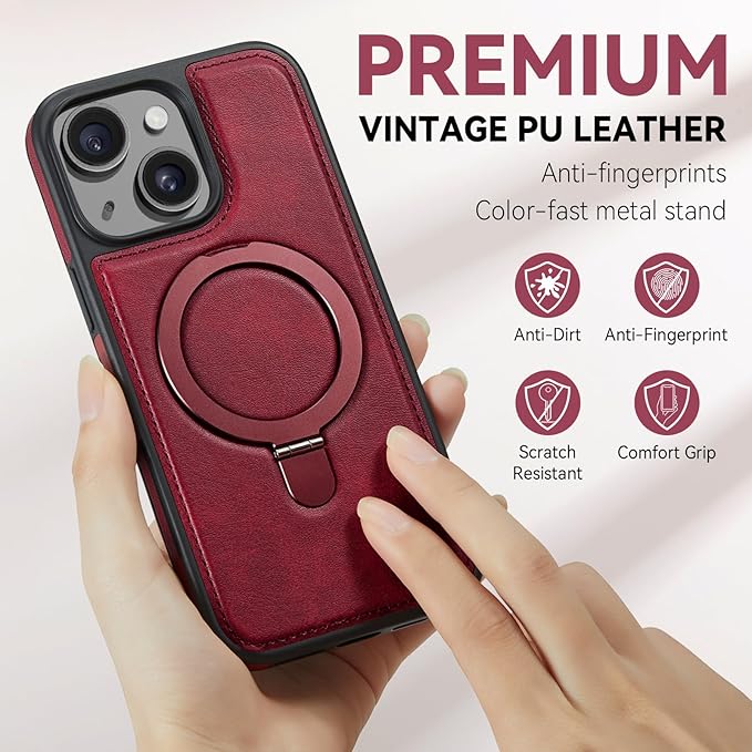 for iPhone 15 Plus Case with Stand, Compatible with MagSafe, Slim PU Leather & Durable TPU Protective Magnetic Kickstand Cover Drop-Proof with Tempered Glass Screen Protector 6.7", Red