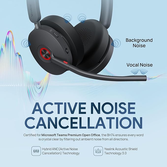 Yealink BH74 UC ANC Bluetooth Headset with Microphone for Hybrid Work, Microsoft Teams Premium Open Ofﬁce Certified Headsets with 6-mics Active Noise Cancellation, Zoom Certified, 65H Battery