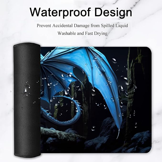 Large Mouse Pad, 31.5 x 11.8in Extended Gaming Mouse Pad with Stitched Edges, XXL Mousepad Protector Non Slip Rubber Base for Office and Home Writing Mat, Blue Flying Dragon Pattern Black Desk Mat