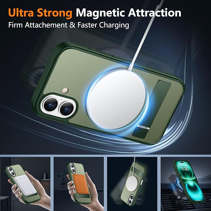SPIDERCASE Magnetic for iPhone 16 Case,with [3 Stand Ways] [Military Grade Drop Protection] with Invisible Stand Shockproof Slim Phone Case for iPhone 16 6.1'',Dark Green