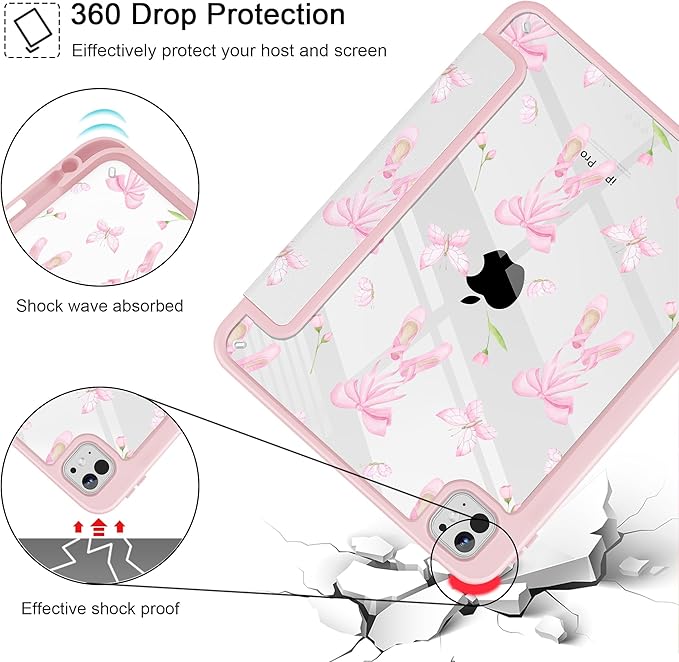 May Chen for iPad Pro 13 Inch Case M5 2025 / M4 2024, Built Pencil Holder & Clear Transparent Print Back Shell Slim Stand Shockproof Tablet Cover, Auto Wake/Sleep, Ballet Shoes