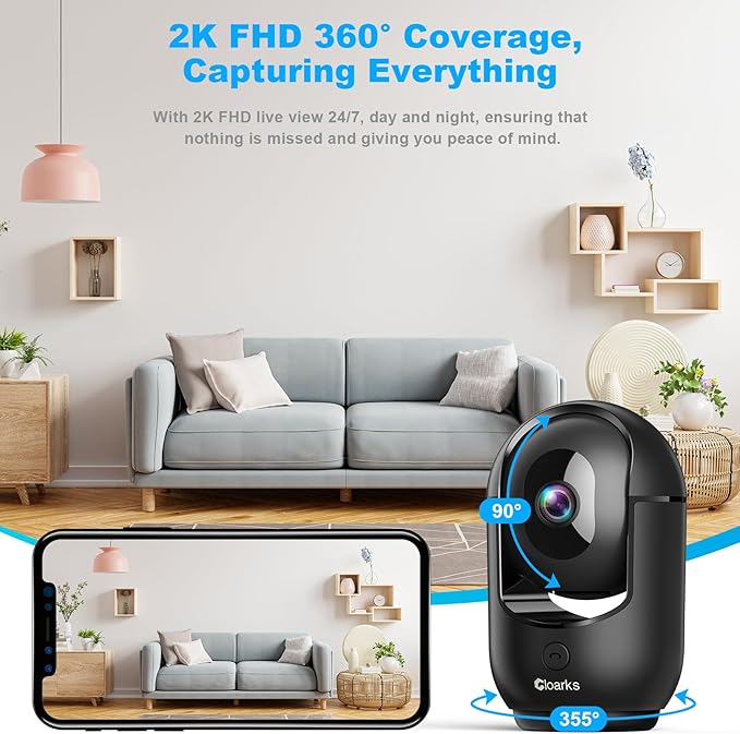 Cloarks 2K Pan/Tilt Security Camera, WiFi Indoor Cameras for Home Security with AI Motion Detection, Pet/Dog/Baby Camera with Phone App, 2-Way Audio, 24/7, Siren, TF/Cloud Storage (Black)