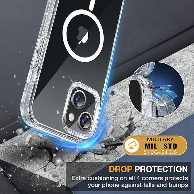 Miracase for iPhone 13 Case 6.1'', [Bubble Free] Full-Body Bumper Phone case with Built-in Full Glass Screen,No Gap,Compatible with MagSafe,Drop Proof 13 Cover,Clear Glitter