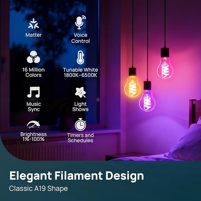Linkind Matter Smart Light Bulbs, Works with Alexa/Apple Home/Google Home, A19 Smart Edison Bulb with Music Sync & Light Show, Tunable White(1800K-6500K), E26 LED 60W Eqv 850LM, 1Pack