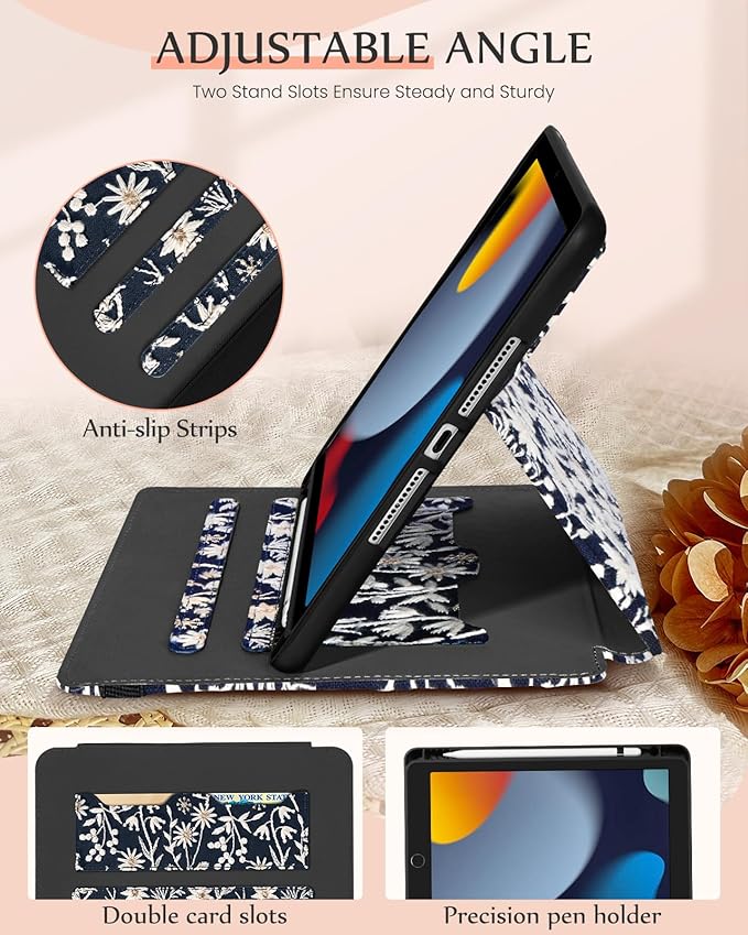 Uppuppy for iPad 9th/8th/7th Generation Case 10.2'' - for Women Girls Cute Embroidered Folio Stand Cover with Pencil Holder & Card Slot Girly Kawaii Flowers Design Aesthetic Cases for iPad 7th/8th/9th