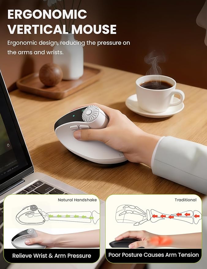 SABLUTE MAM51 Ergonomic Mouse Wireless with 3-in-1 Quick-Switch Scroll Wheel, Vertical Mouse with 4000 DPI, 8 Buttons Wireless Computer Mouse, 2.4Ghz/Bluetooth Mouse for Laptop and Desktop-White