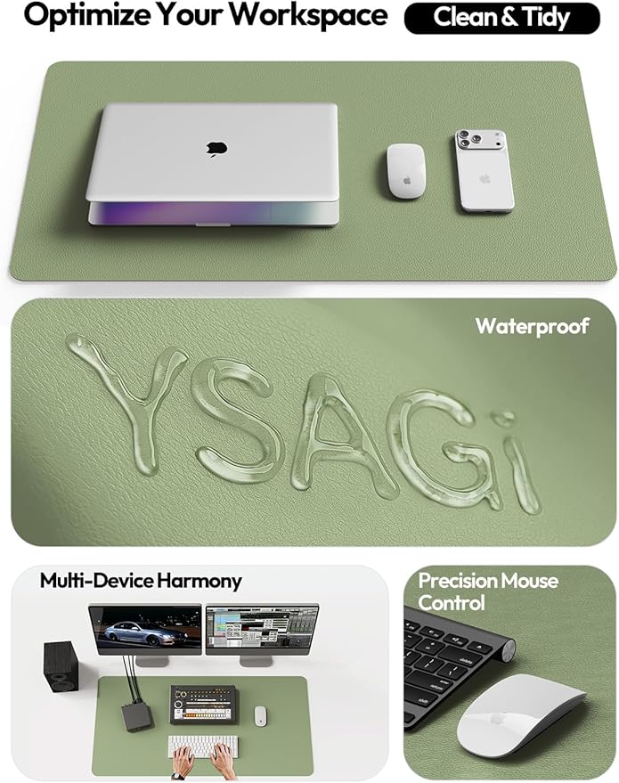 YSAGi PU Leather Desk Pad Protector – Non-Slip Waterproof Desk Mat for Office & Home, Easy Clean Large Mouse Pad & Laptop Writing Blotter 23.6"x13.8" Bamboo Green